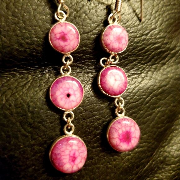 New 3 Pink Solar Quartz Agate Drop Silver Earrings. - Picture 11 of 11